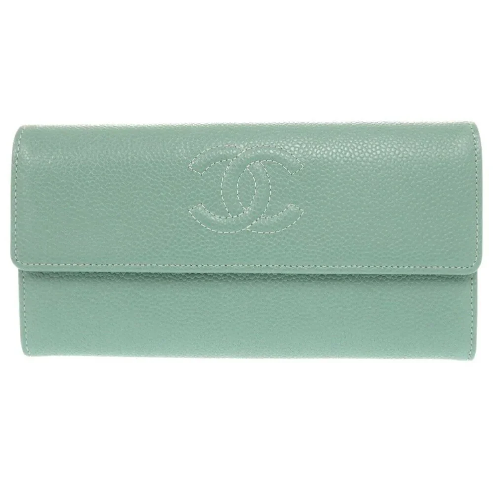 CHANEL Green Caviar Leather Logo Wallet